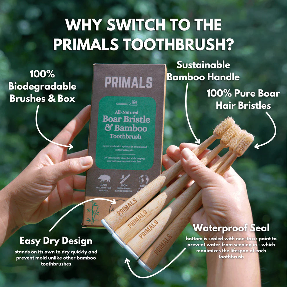 PRIMALS Boar Bristle & Bamboo Toothbrush (4 Pack)