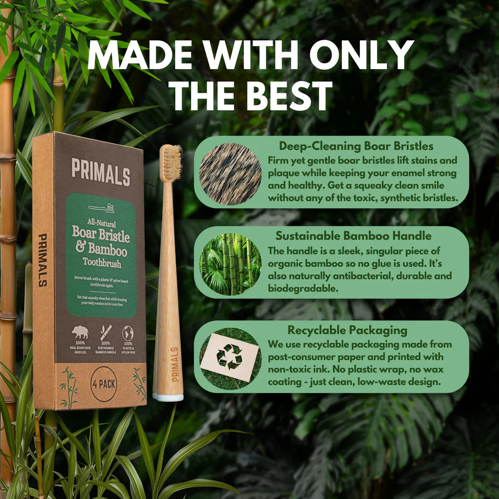 PRIMALS Boar Bristle & Bamboo Toothbrush (4 Pack)